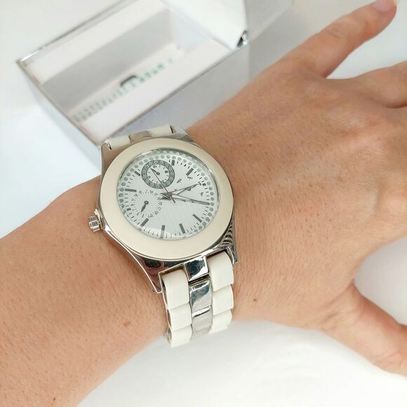 Accutime Ivory Silicone Faux Chronograph Watch w/ Crystal Accents - 8" B… - Picture 1 of 8
